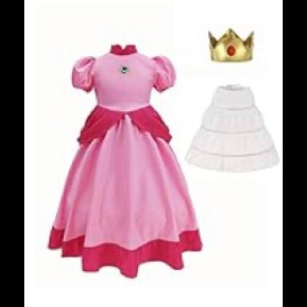 Princess Peach Costume With Crown Fits 6-8 Yo  - From Nintendo Super Mario - Picture 4 of 4